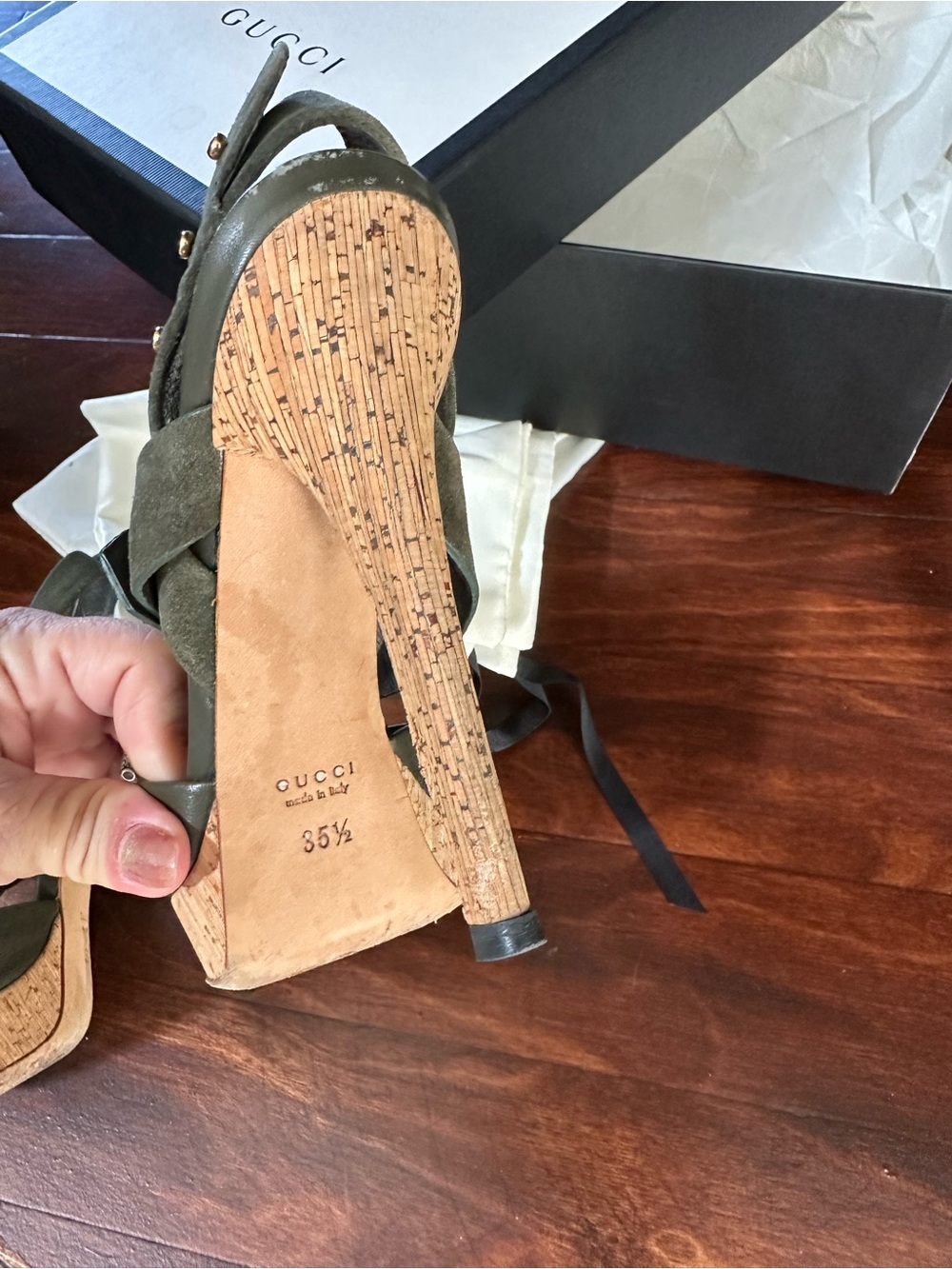 Gucci Olive Brown Leather Platform Sandals with Gold Double G - Picture 7 of 8
